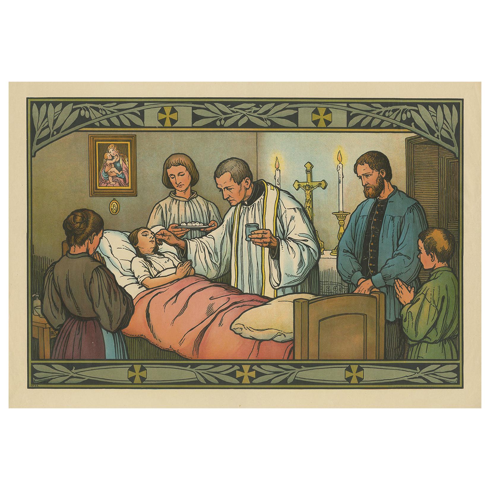 Antique Religion Print of the Seven Sacraments, Anointing of the Sick '1913' For Sale