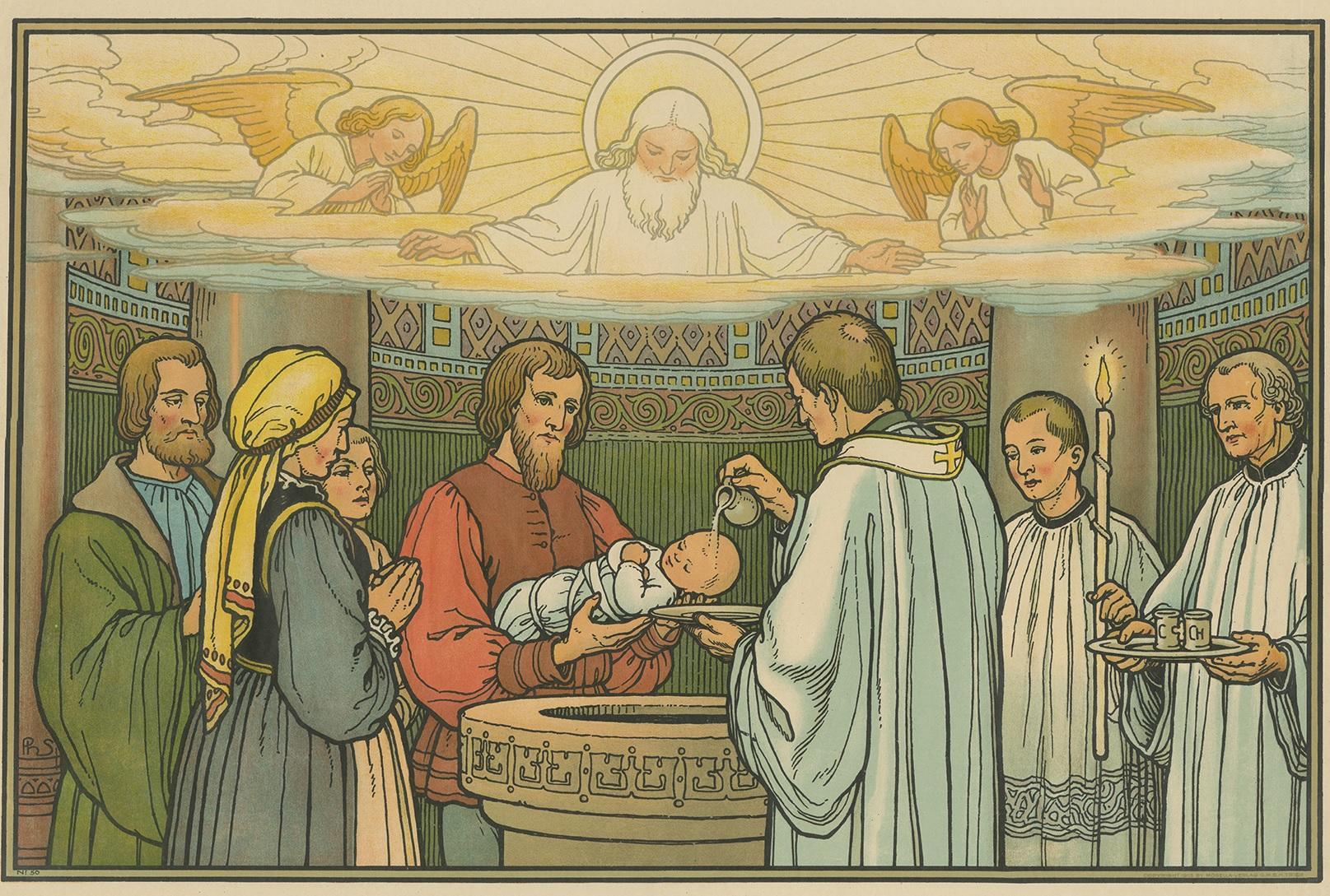 Antique Religion Print of the Seven Sacraments, Baptism, 1913 In Good Condition For Sale In Langweer, NL