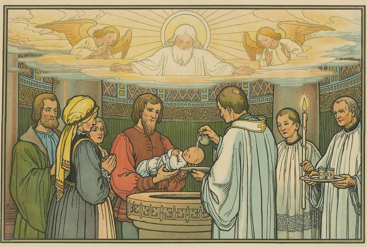 Antique Religion Print of the Seven Sacraments, Baptism, 1913