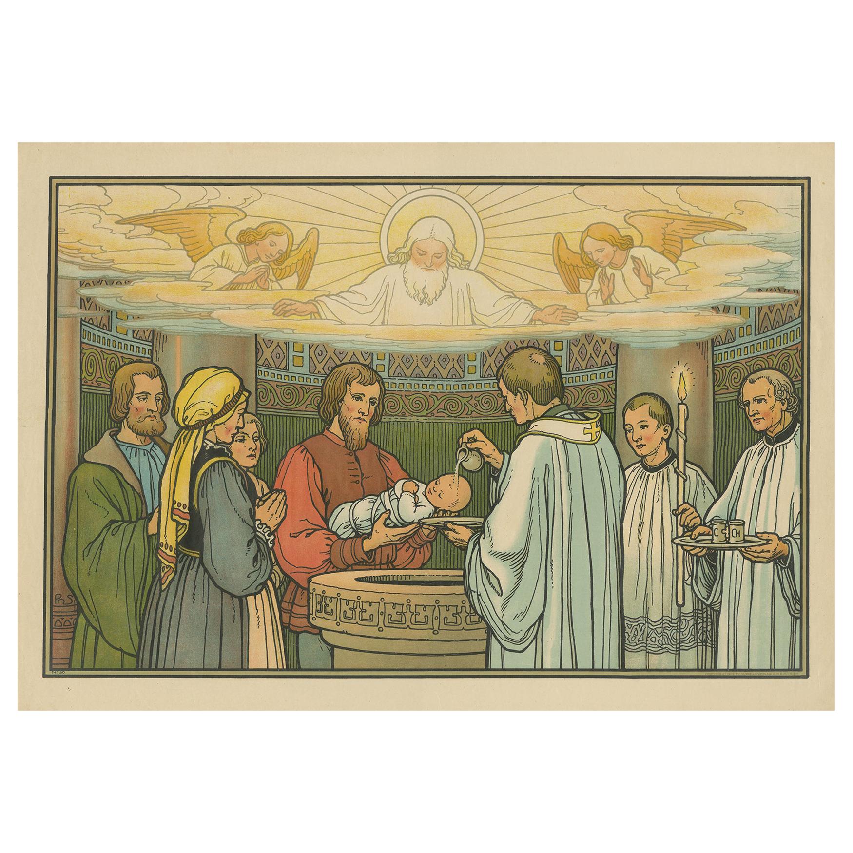 Impression religieuse ancienne des sept Sacraments, Baptême, 1913