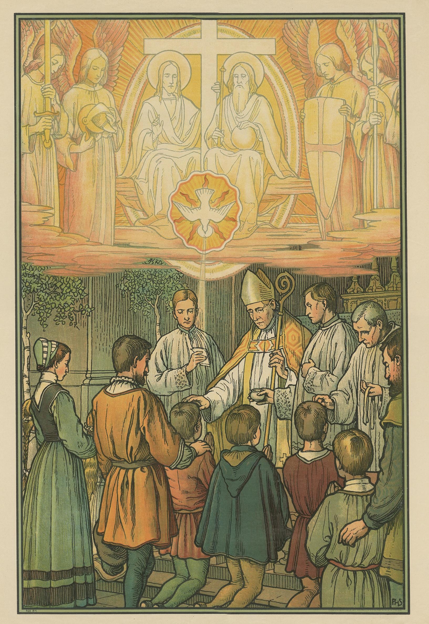 Large antique print of the seven sacraments. Published by Mosella-Verlag, 1913. This print originates from a series titled 'Kathol. Schulbibelwerk von Dr. Ecker'.