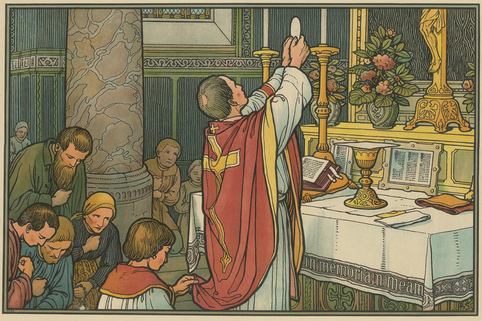 Large antique print of the seven sacraments. Published by Mosella-Verlag, 1913. This print originates from a series titled 'Kathol. Schulbibelwerk von Dr. Ecker'.