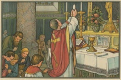 Gravure religieuse ancienne des sept sacrements, l'eucharistie - 1913