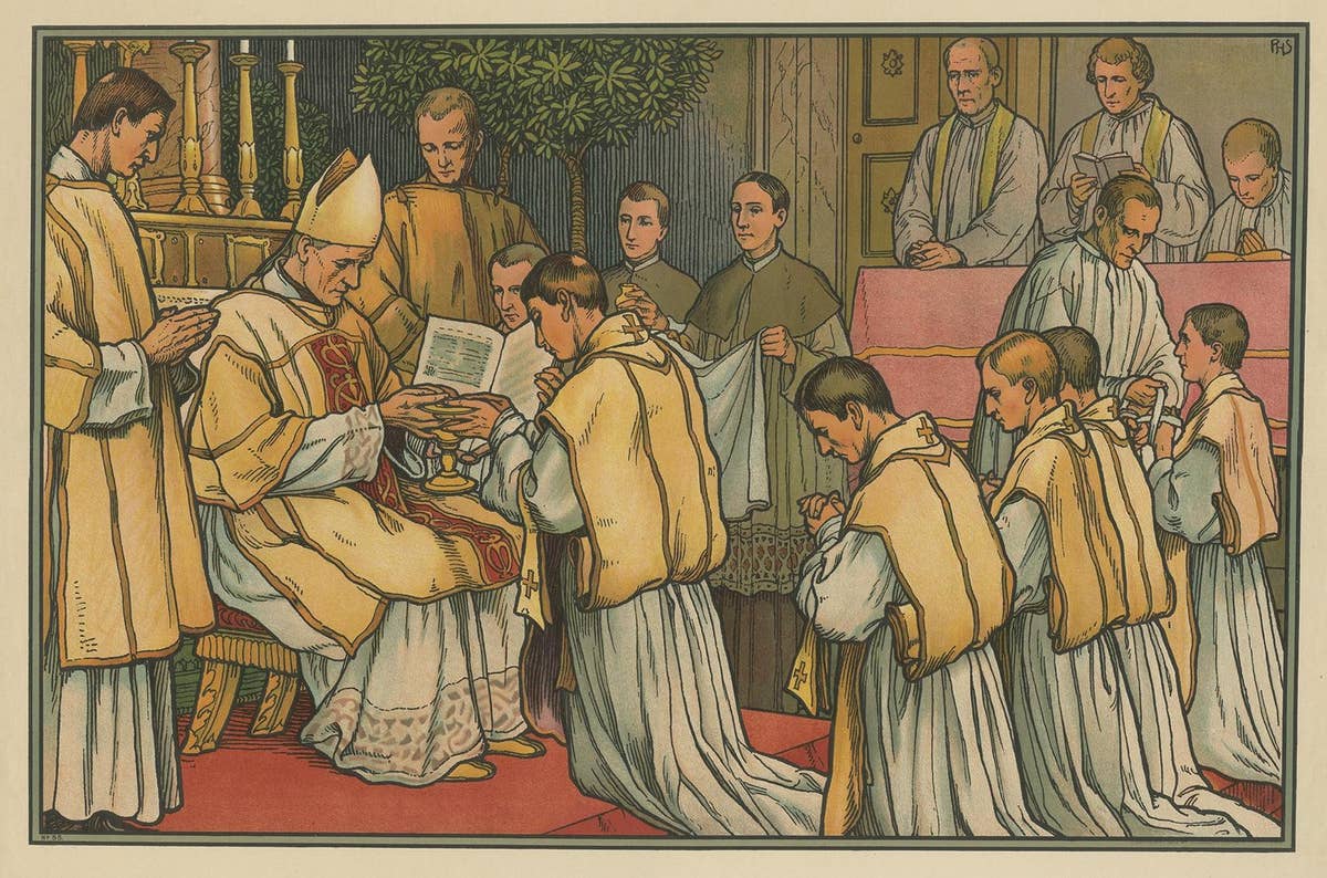 Antique Religion Print of the Seven Sacraments, Holy Orders, 1913