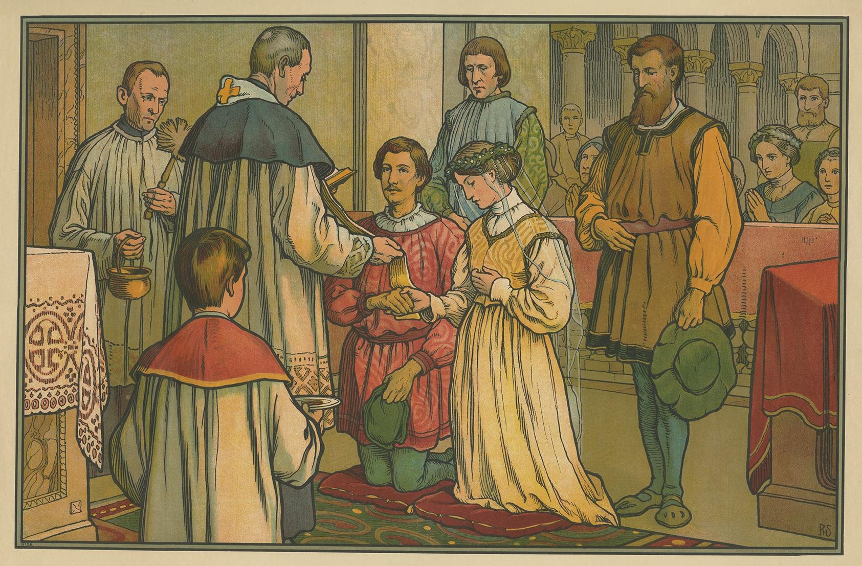 Impression religieuse ancienne des sept Sacraments, mariage de 1913 Bon état - En vente à Langweer, NL