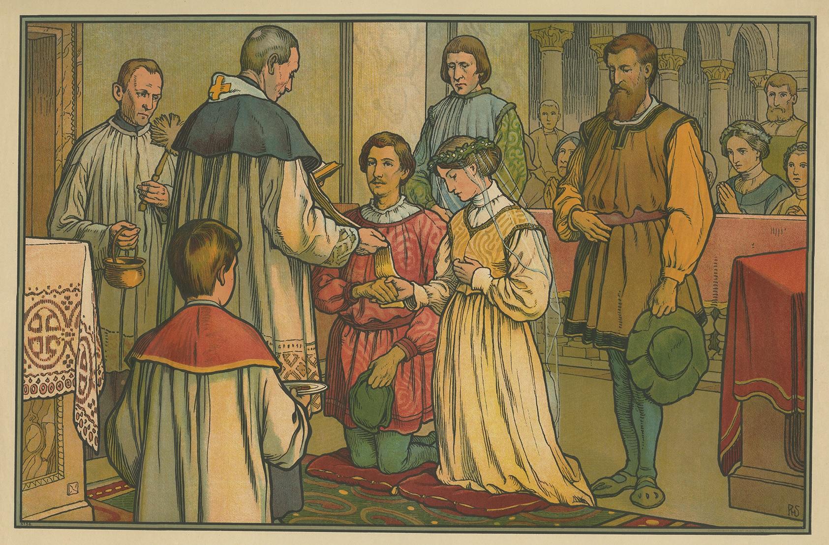 Grabado Religioso Antiguo de los Siete Sacramentos, Matrimonio '1913 en Bueno estado para la venta en Langweer, NL