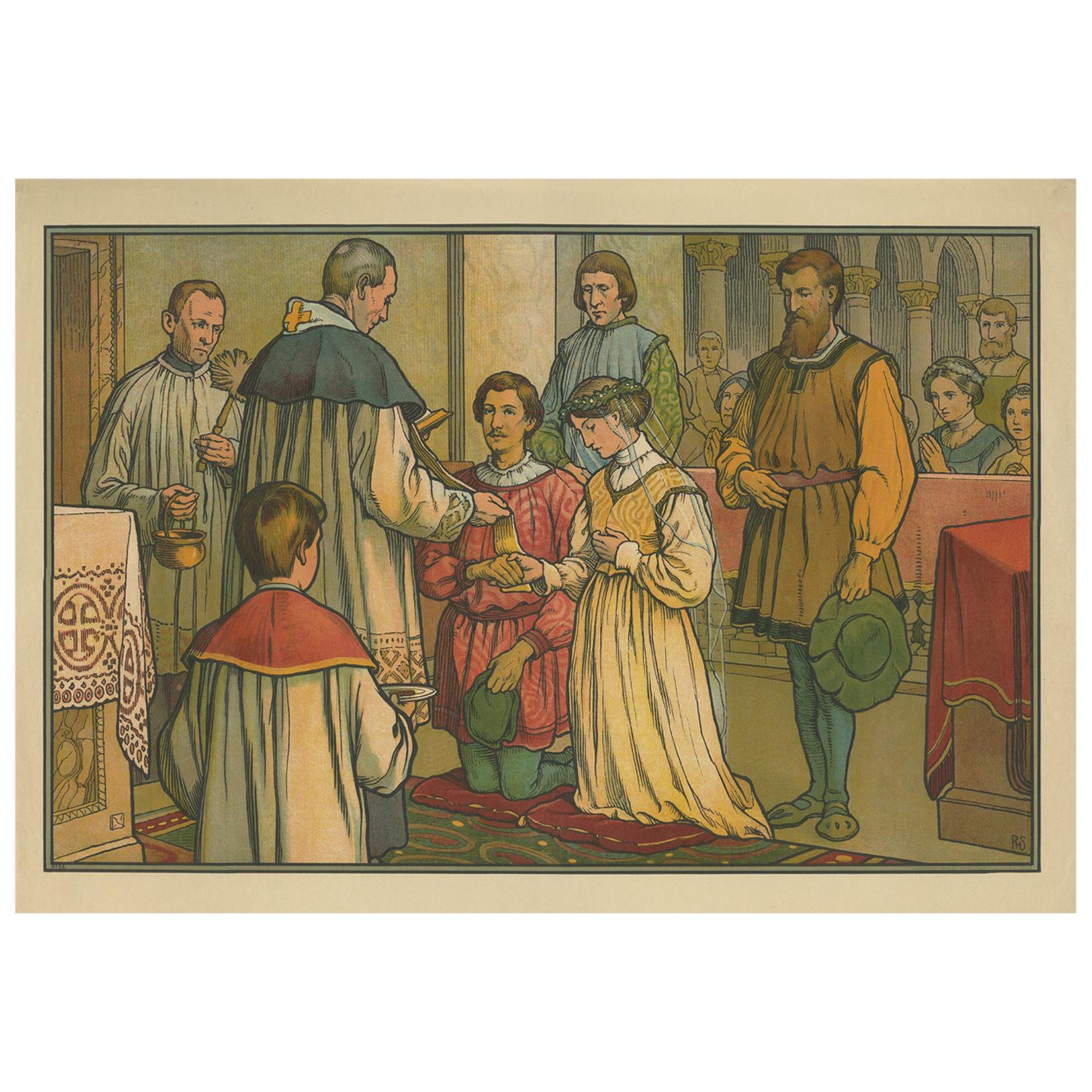 Impression religieuse ancienne des sept Sacraments, mariage de 1913