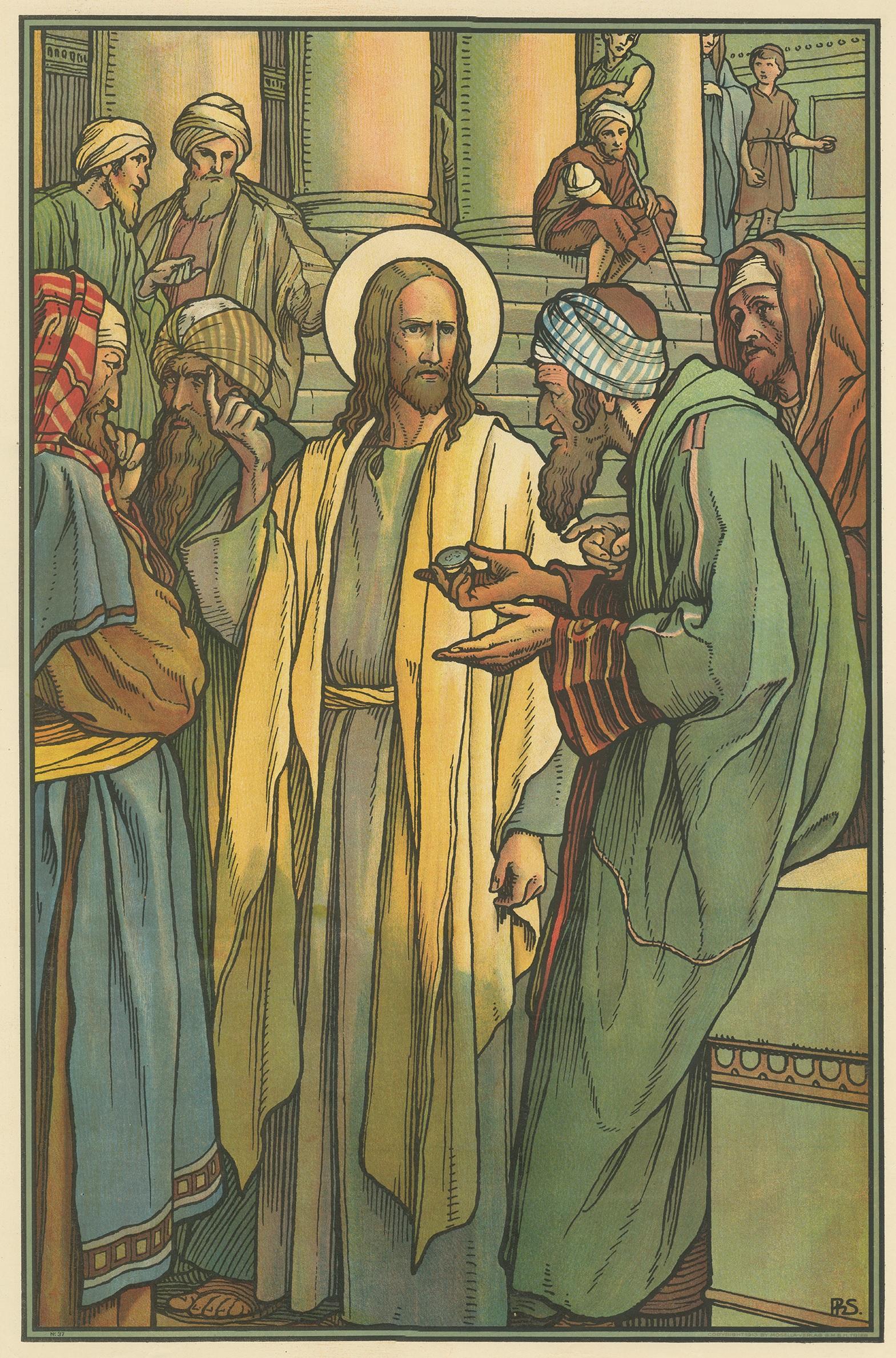 Impression religieuse ancienne de la monnaie de récompense, 1913 Bon état - En vente à Langweer, NL