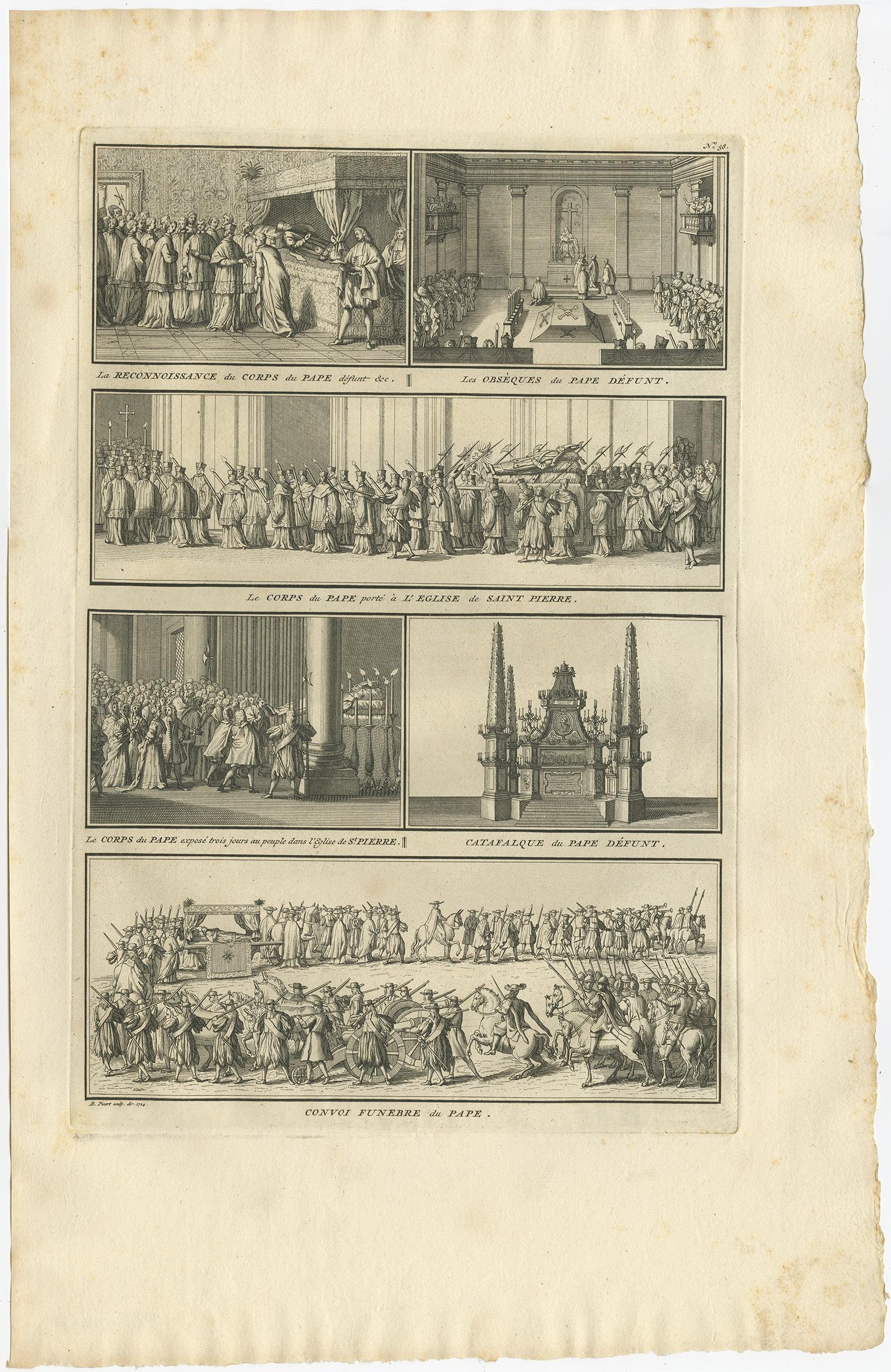Antique religion print depicting rituals and ceremonies for the death of the Pope. 

Originates from 'Ceremonies et coutumes Religieuses...' , by A. Moubach.

Artists and Engravers: Bernard Picart (1673-1733), a French painter and
