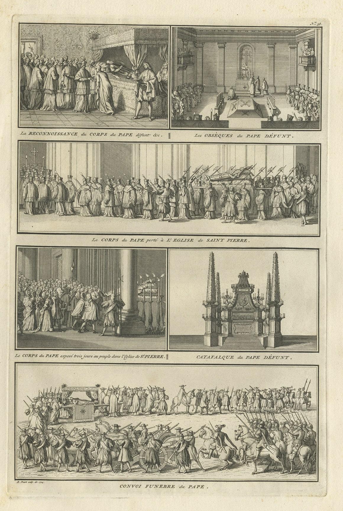Antique Religion Print Showing Rituals & Ceremonies for the Death of a Pope 1724 In Good Condition For Sale In Langweer, NL
