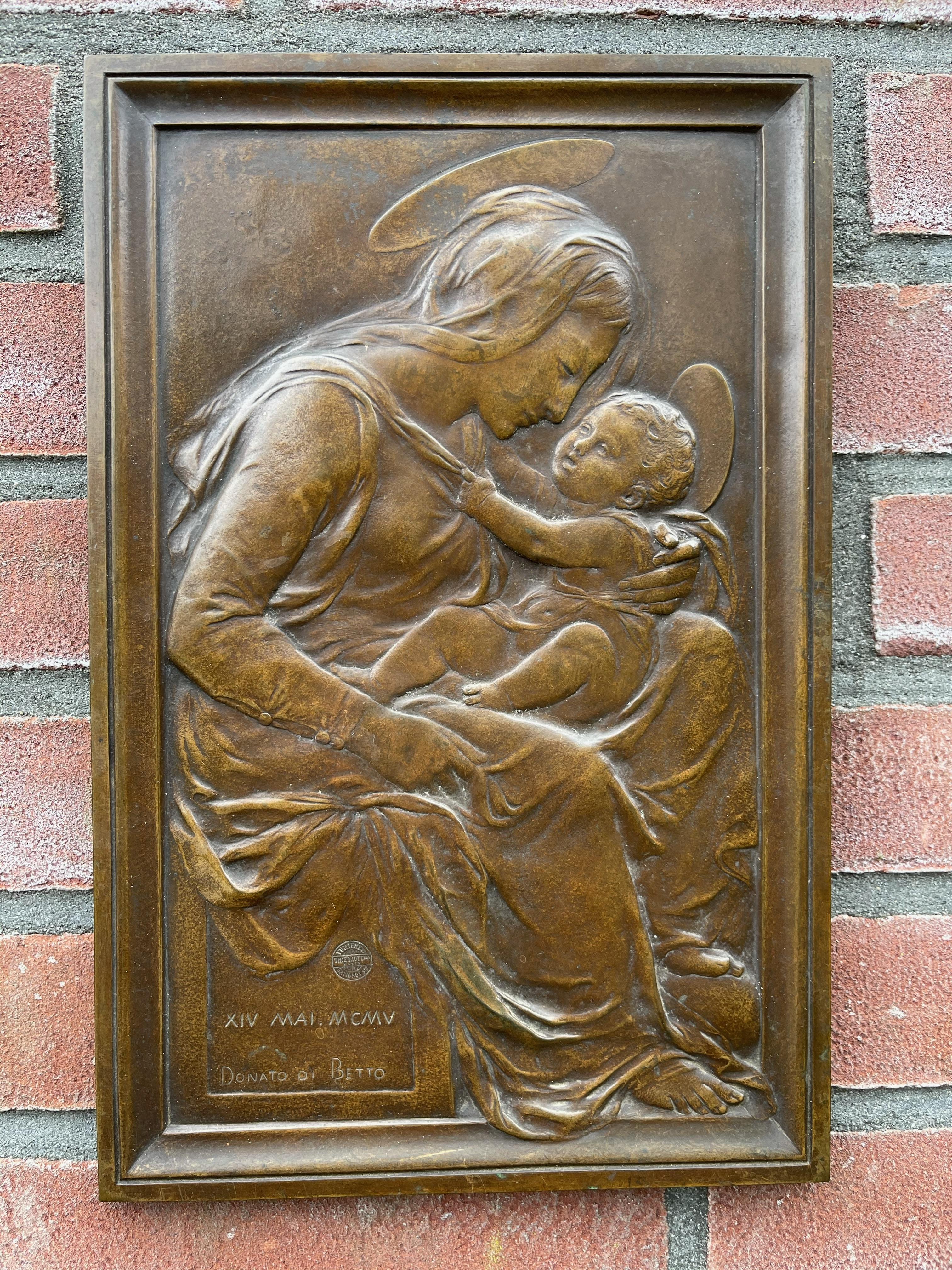 Antique Religious Bronze Wall Plaque of Holy Mary and Child after Donatello For Sale 3
