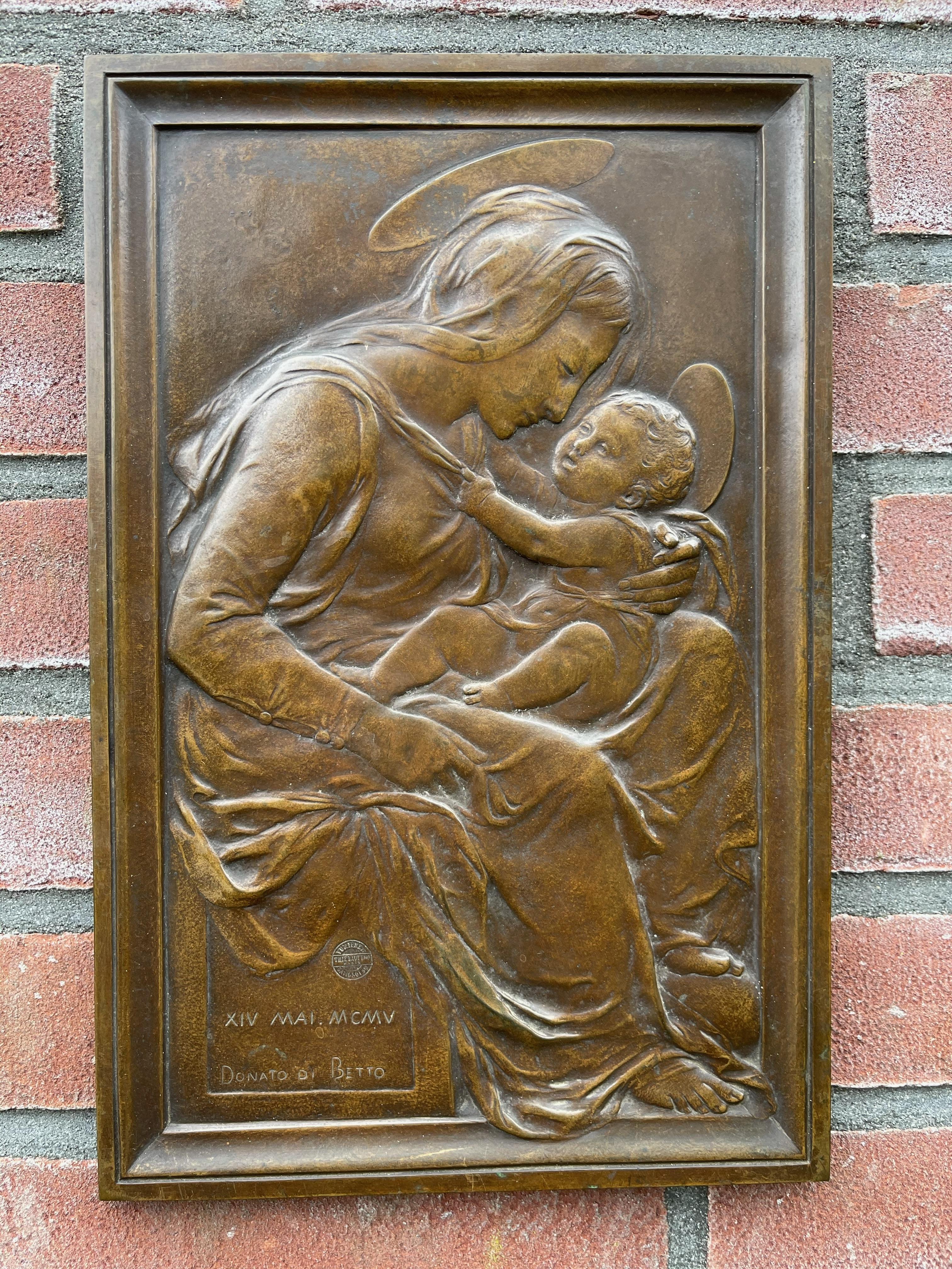 Antique Religious Bronze Wall Plaque of Holy Mary and Child after Donatello 3