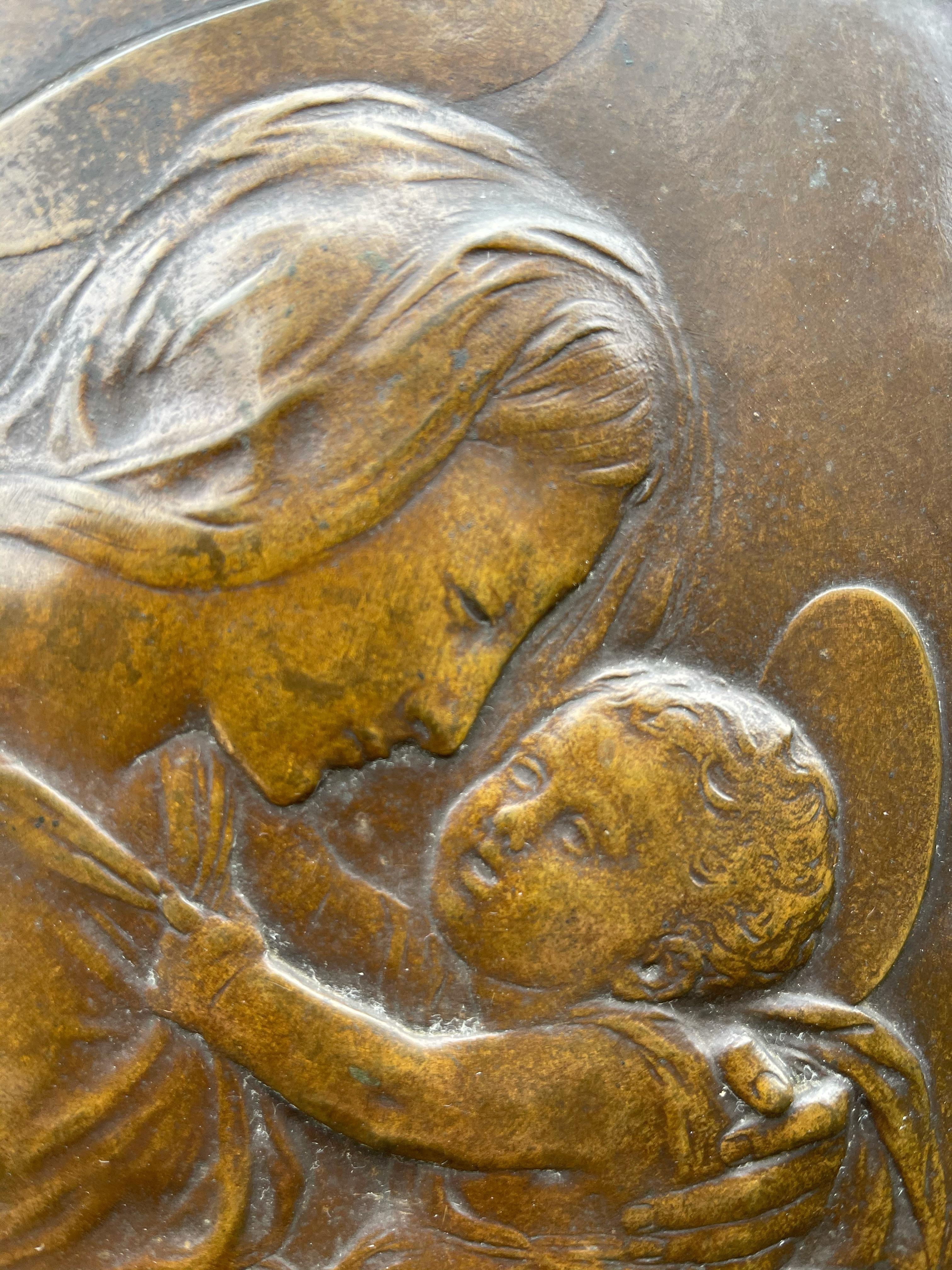 Antique Religious Bronze Wall Plaque of Holy Mary and Child after Donatello 5