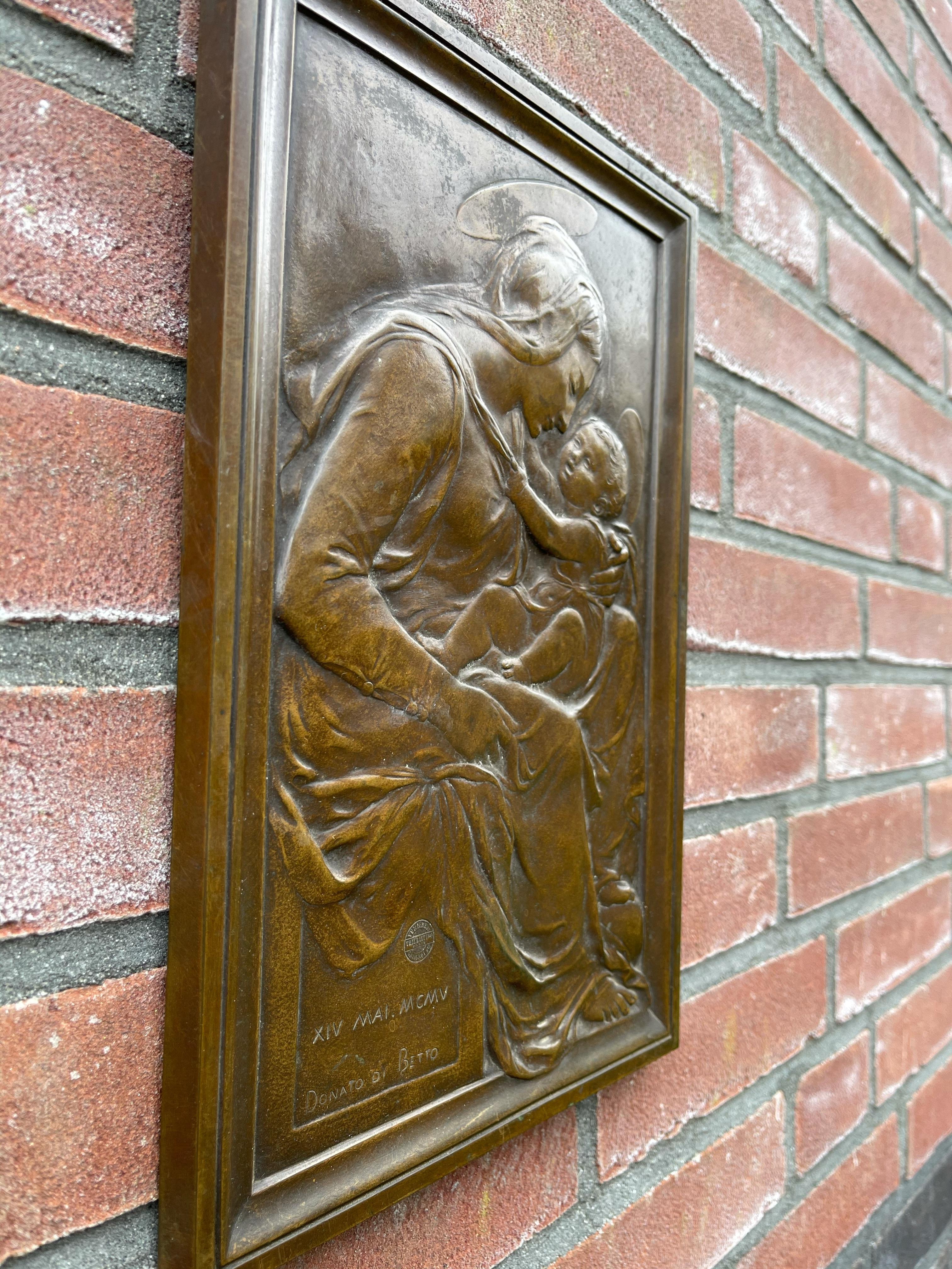 Symbolic and meaningful work of religious art.

Since the original by Donatello is in a museum somewhere, this beautiful bronze wall plaque 'after Donatello' is the best specimen you will be able to find anywhere. The original 'Mary and Child' by