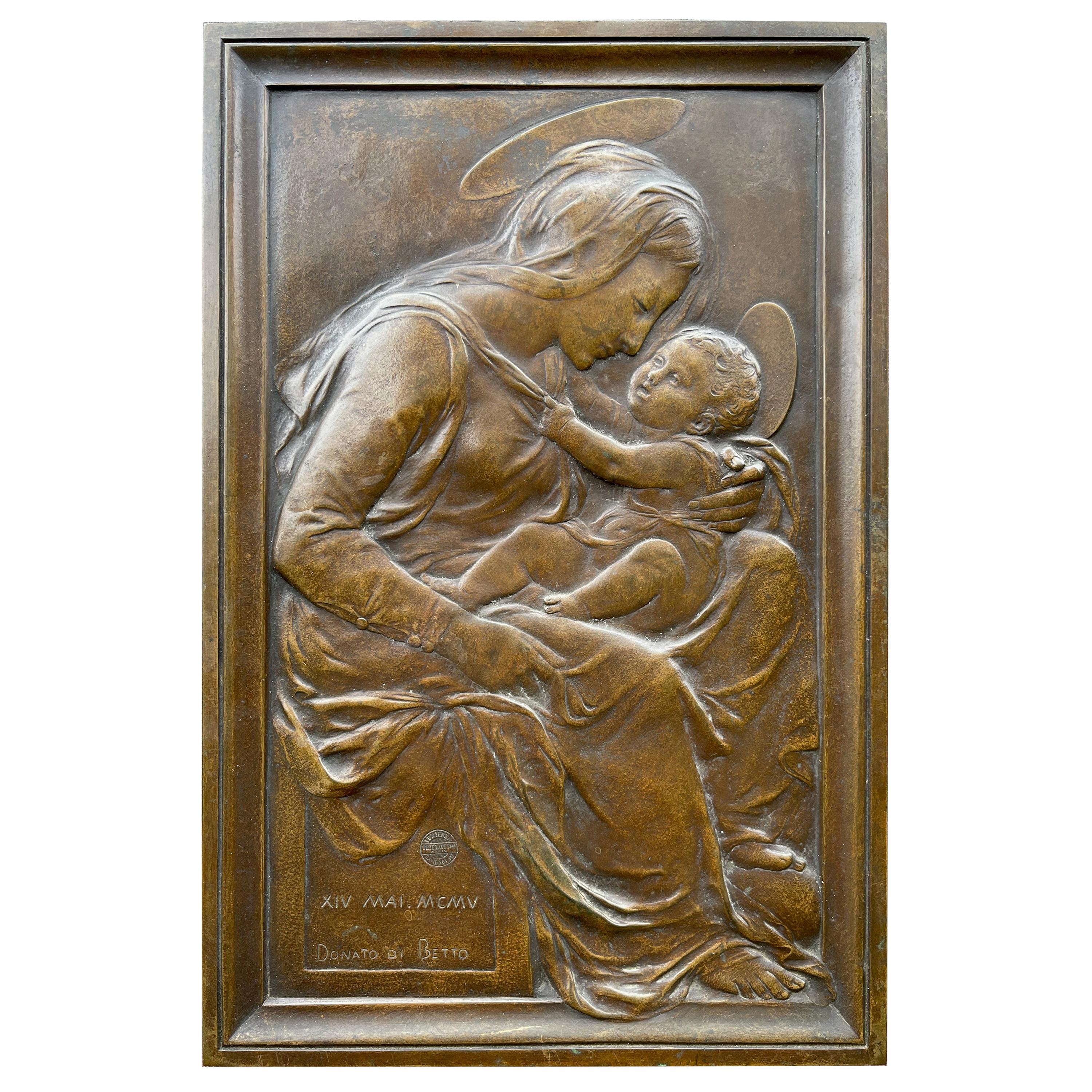 Antique Religious Bronze Wall Plaque of Holy Mary and Child after Donatello