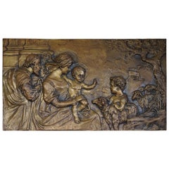 Antique Religious Bronze Wall Plaque of Joseph, Mary, Child and the Lamb Cross