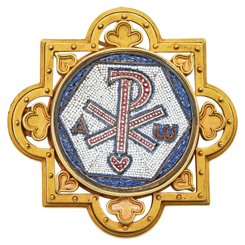 Antique Religious Brooch Micro Mosaic Yellow Gold 18 Carat