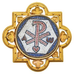 Antike religiöse Brosche Mikro Mosaik Gelbgold 18 Karat