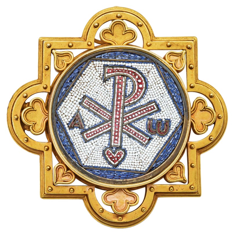 Antike religiöse Brosche Mikro Mosaik Gelbgold 18 Karat