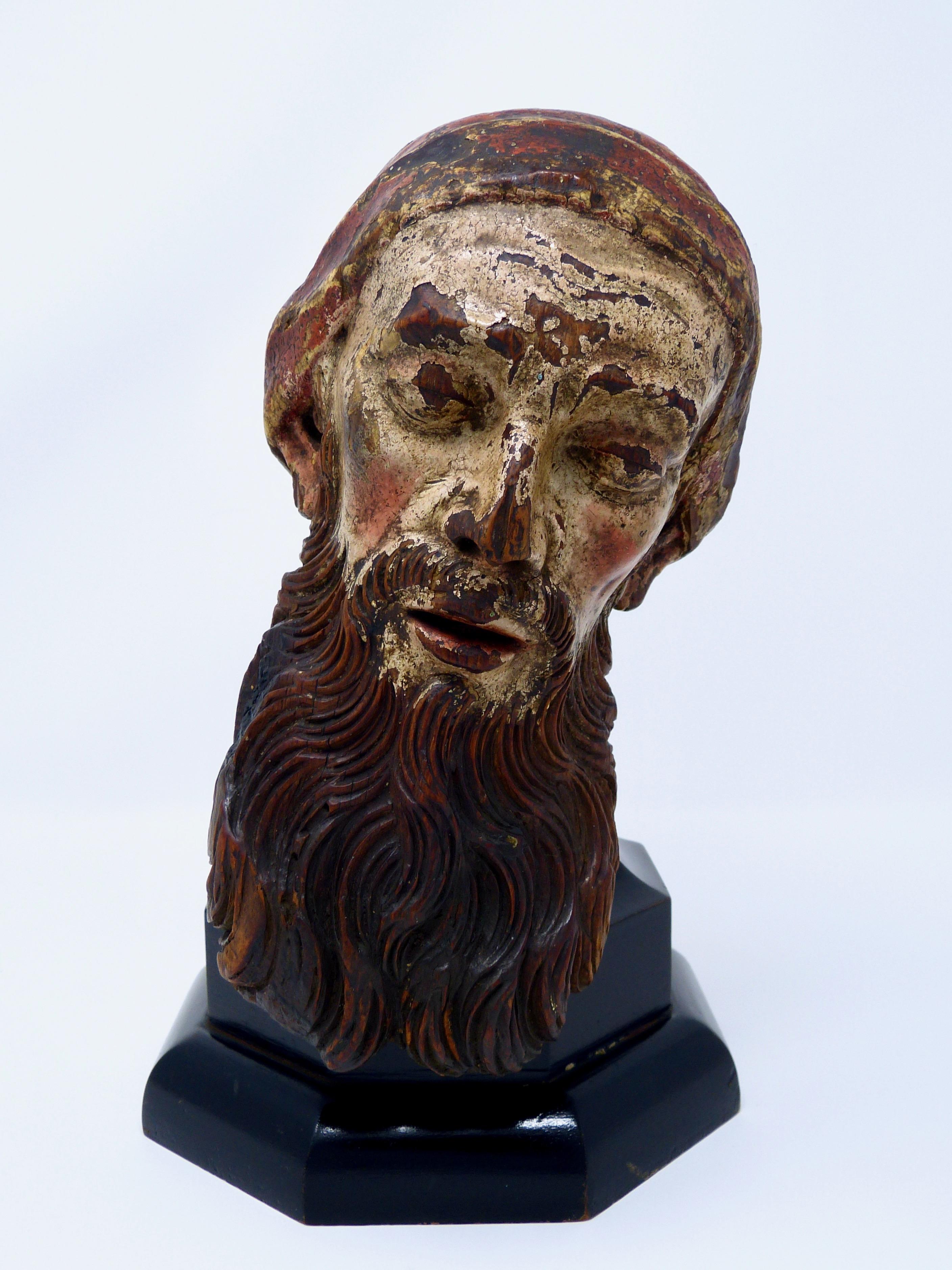 Spanish Antique Religious Carved Wood Saint Head, 19th Century
