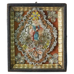 Antique Religious Decoration with Beads in Wooden Case, Italy, 19th Century