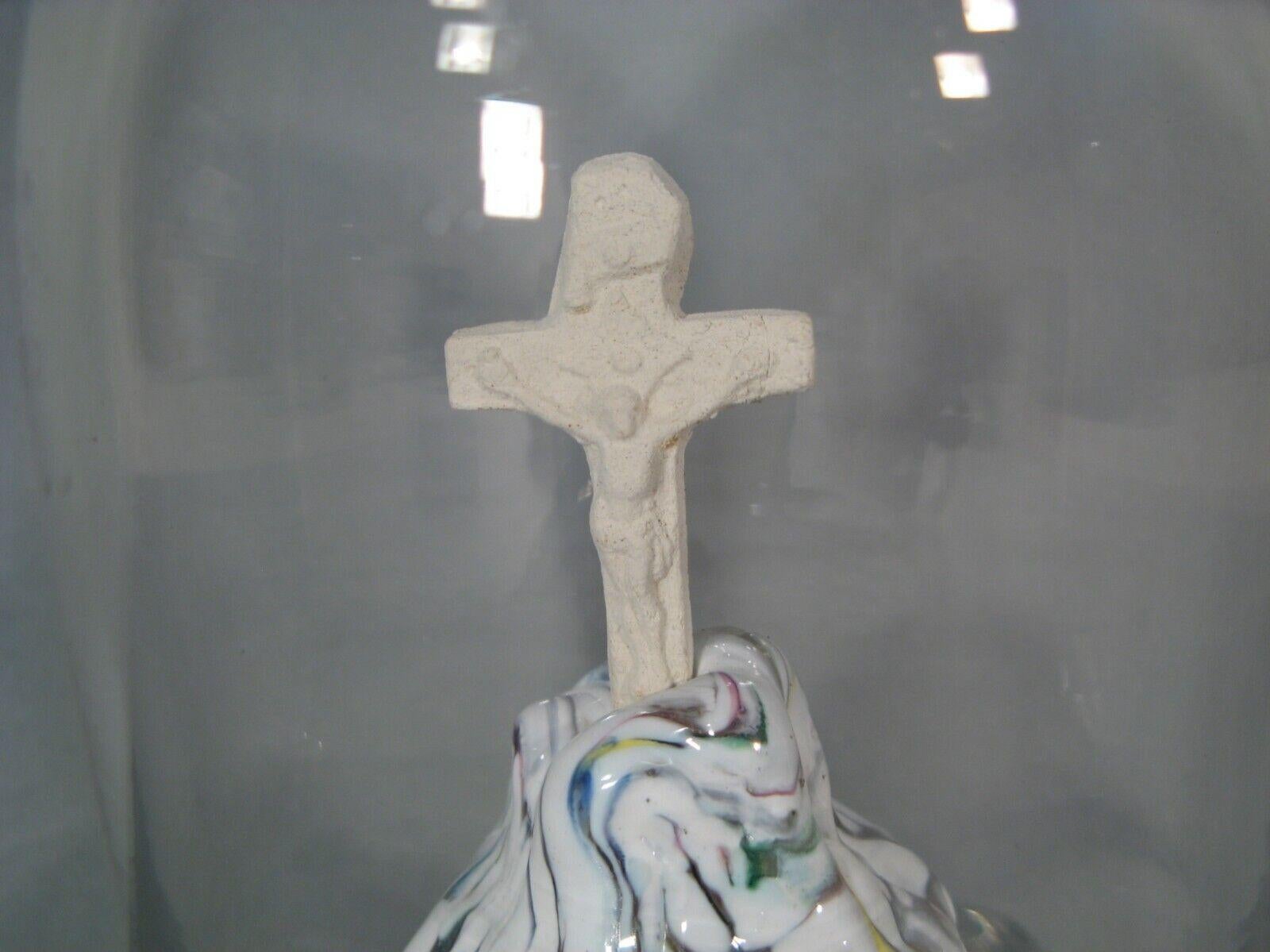 Empire Antique Religious Devotional Glass Crucifix under Blown Glass Dome - 1Y173