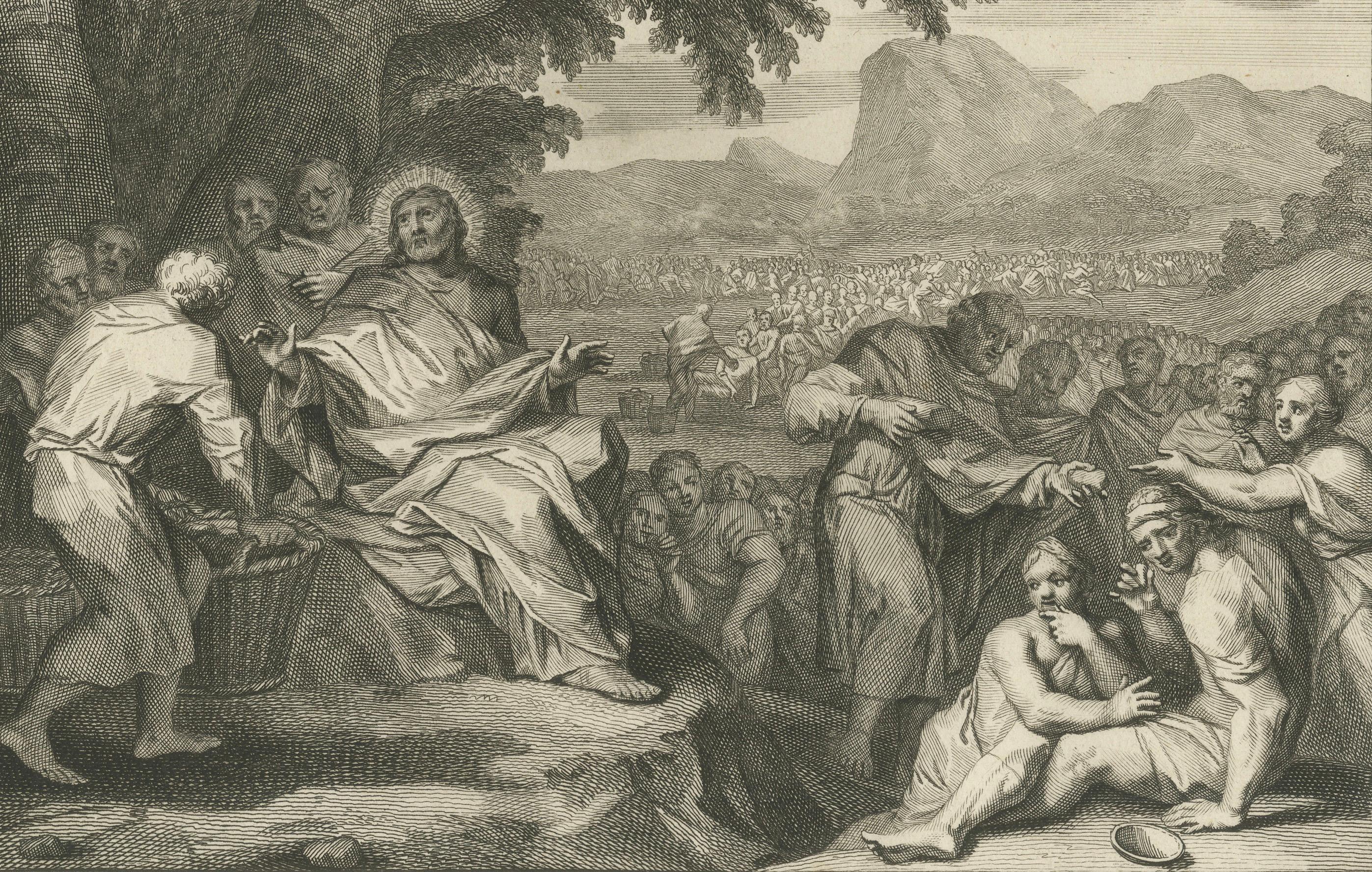 Néerlandais Gravures religieuses anciennes - Christ guérissant à Bethesda et nourrissant 5000 personnes, c.1700 en vente