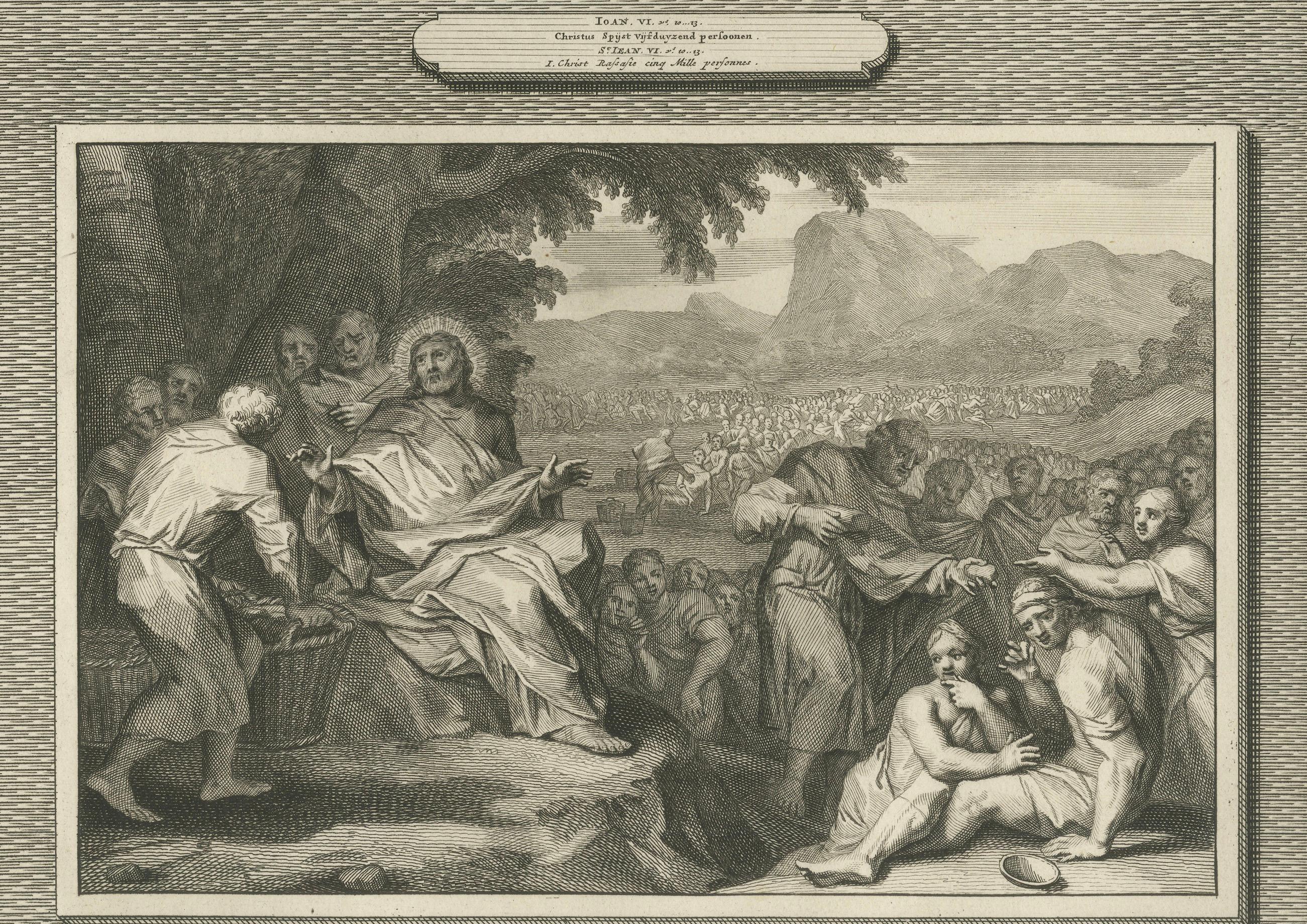 Gravures religieuses anciennes - Christ guérissant à Bethesda et nourrissant 5000 personnes, c.1700 Bon état - En vente à Langweer, NL