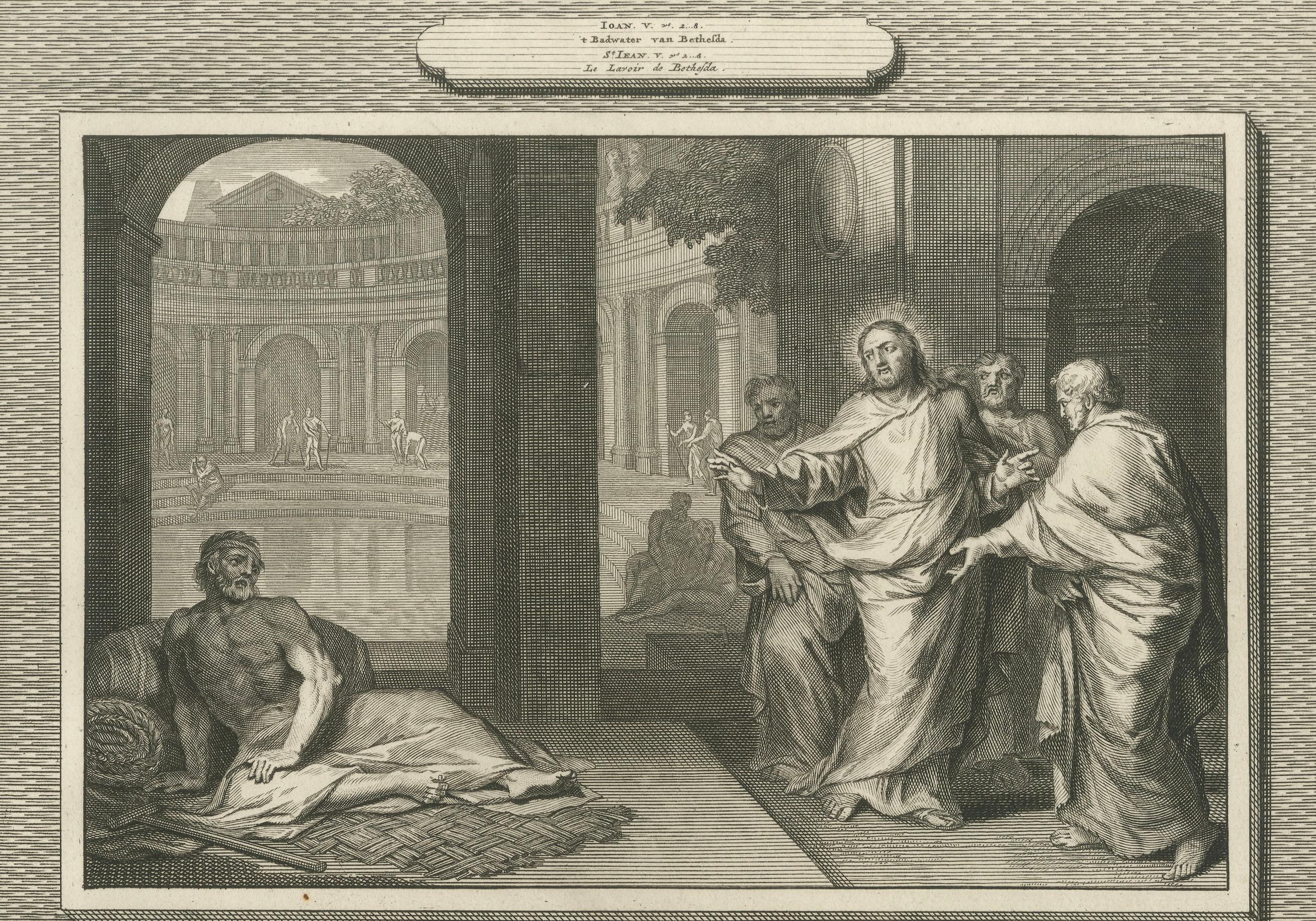 Début du XVIIIe siècle Gravures religieuses anciennes - Christ guérissant à Bethesda et nourrissant 5000 personnes, c.1700 en vente