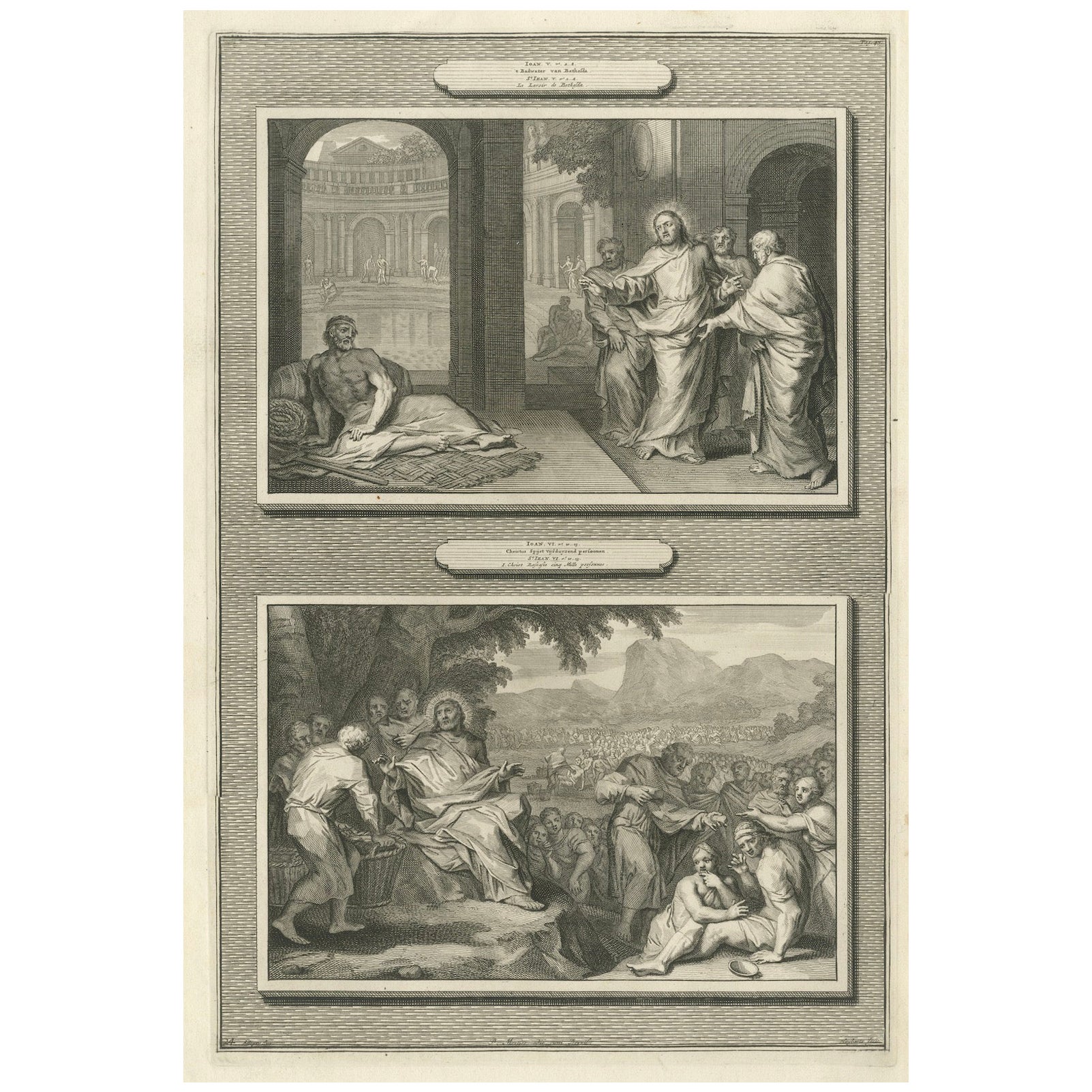 Gravures religieuses anciennes - Christ guérissant à Bethesda et nourrissant 5000 personnes, c.1700