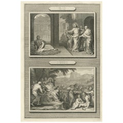 Gravures religieuses anciennes - Christ guérissant à Bethesda et nourrissant 5000 personnes, c.1700