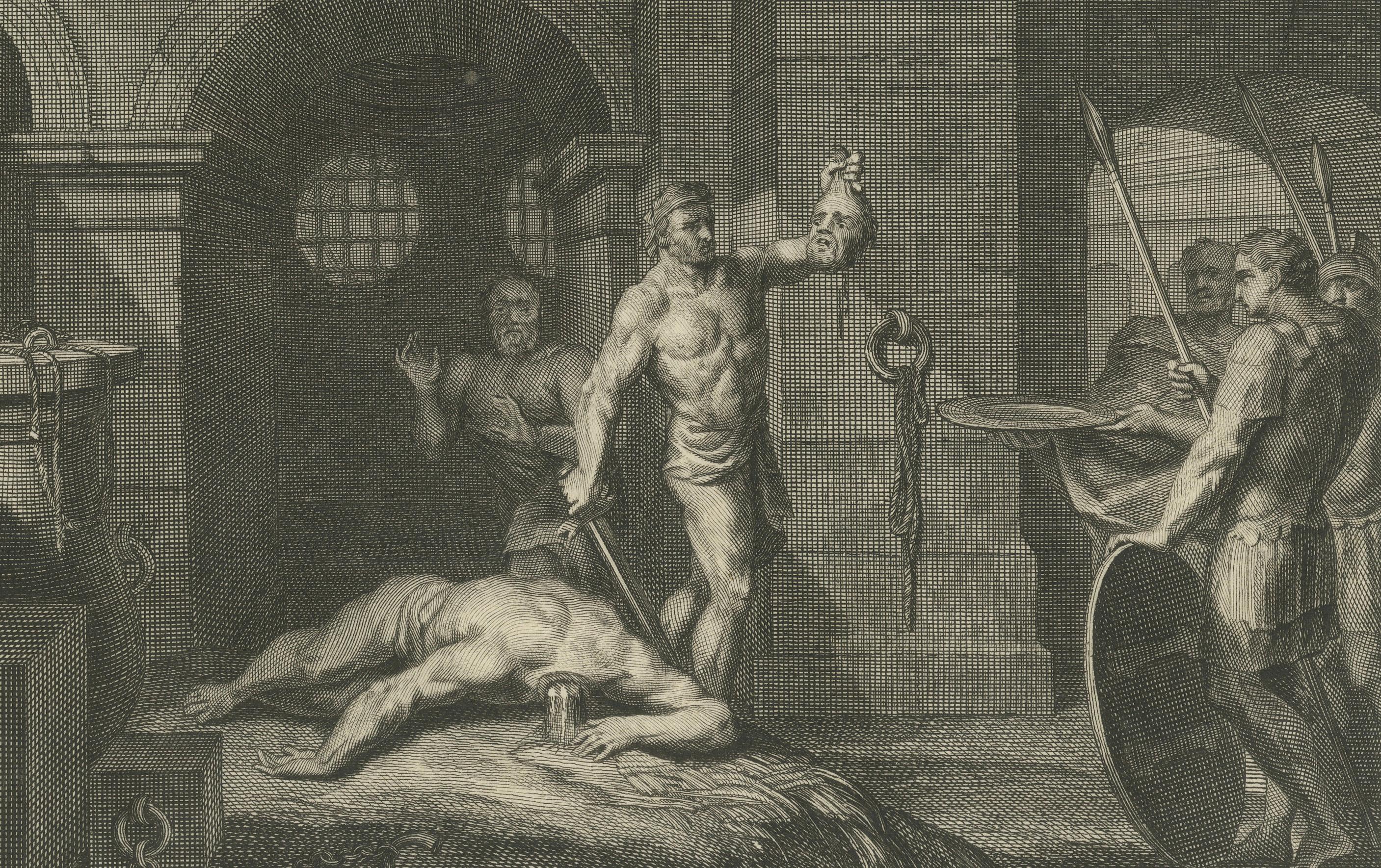 Antike religiöse Stiche - Tanz von Salome & Johannes der Täufer enthauptet, 1700 (Niederländisch) im Angebot