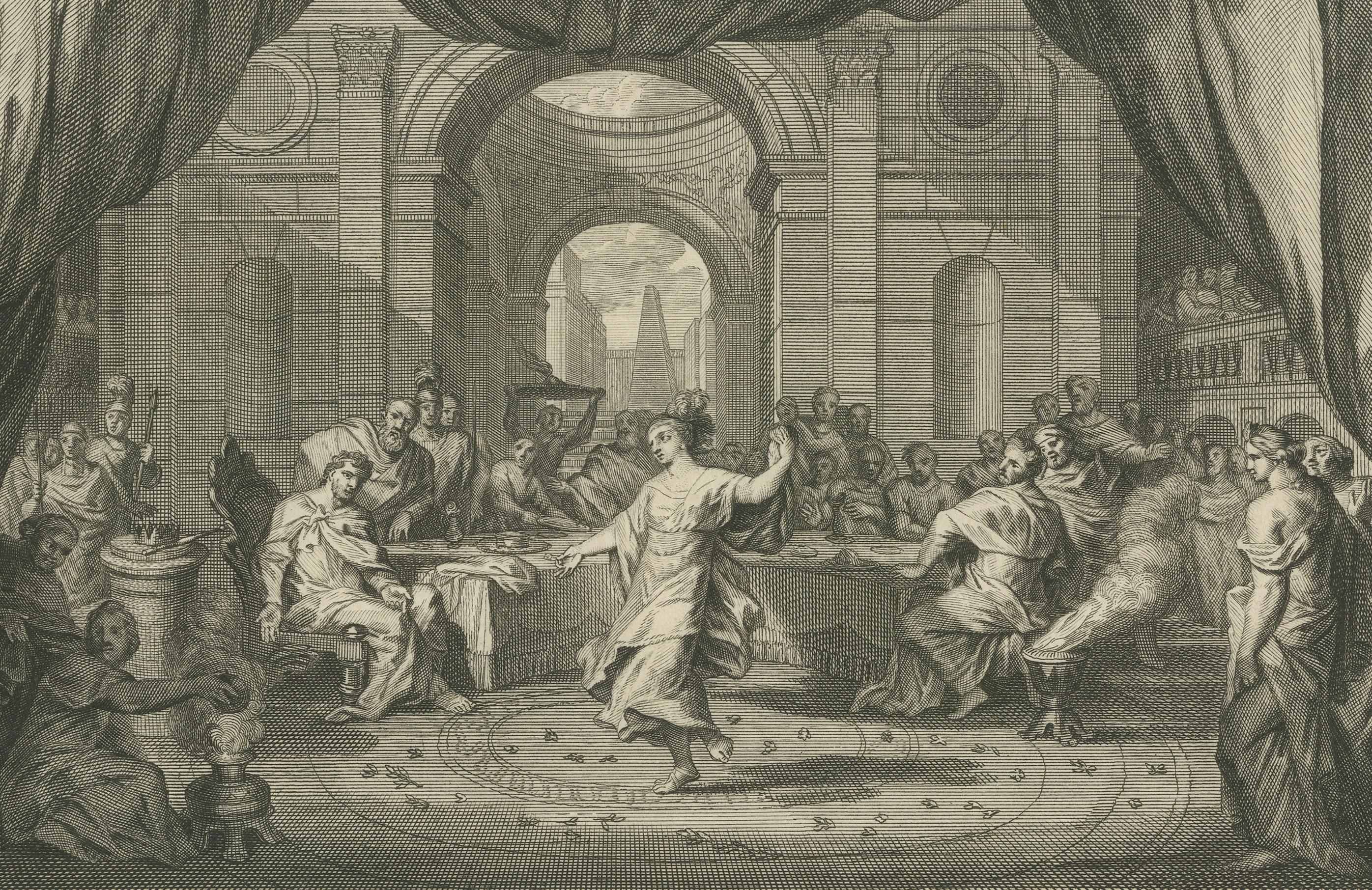 Antike religiöse Stiche - Tanz von Salome & Johannes der Täufer enthauptet, 1700 (Graviert) im Angebot