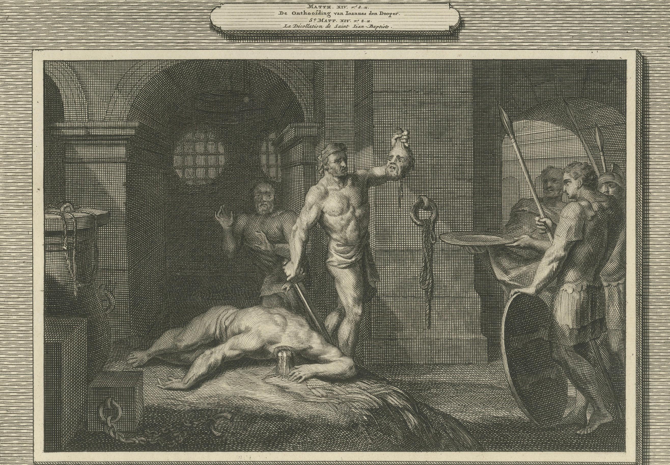 Antike religiöse Stiche - Tanz von Salome & Johannes der Täufer enthauptet, 1700 im Zustand „Gut“ im Angebot in Langweer, NL