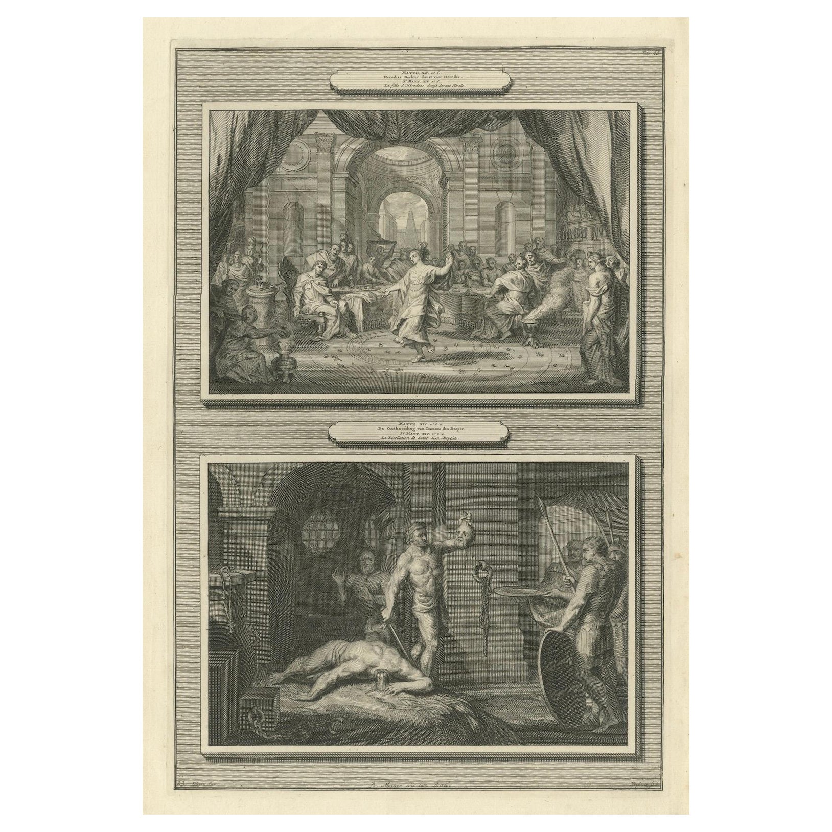Gravures religieuses anciennes - Danse de Salomé et Jean-Baptiste décapité, 1700