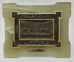 Antique Religious Grand Tour Bronzed Plaque Last Supper Alabaster Brass Frame