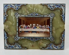 Antique Religious Grand Tour Plaque Last Supper Painting Alabaster Champleve