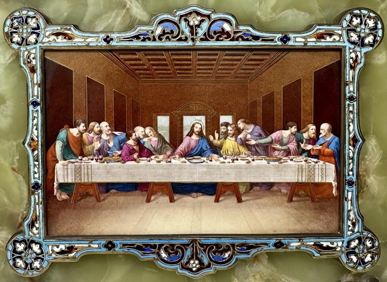 Français Ancienne plaque religieuse Grand Tour Last Supper Painting en albâtre champlevé  en vente