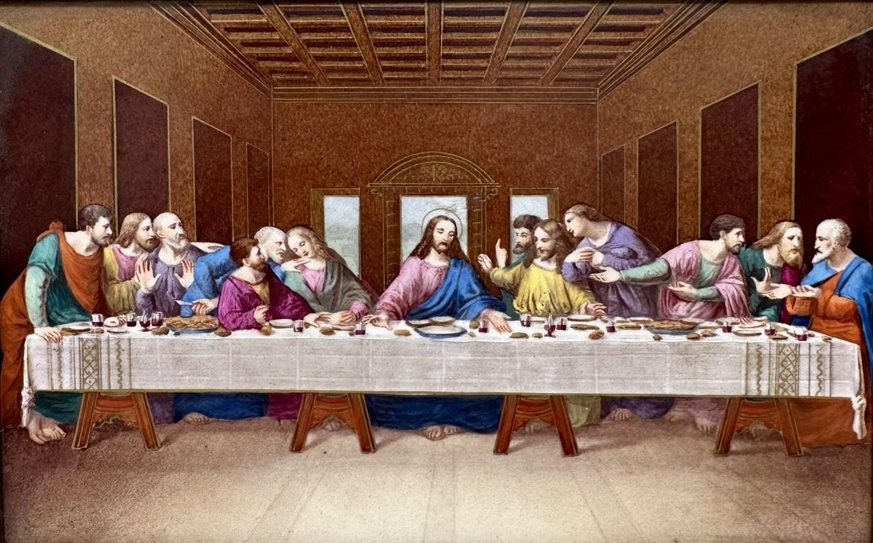 Antike religiöse Grand Tour Plakette Last Supper Gemälde Alabaster Champleve, Alabaster Champleve  im Zustand „Gut“ im Angebot in Dublin, Ireland