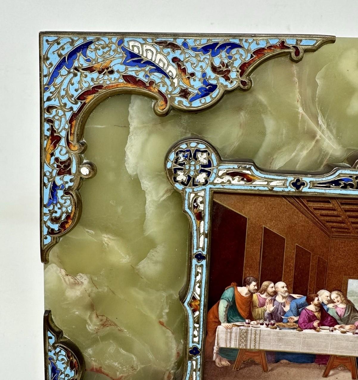 19th Century Antique Religious Grand Tour Plaque Last Supper Painting Alabaster Champleve  For Sale