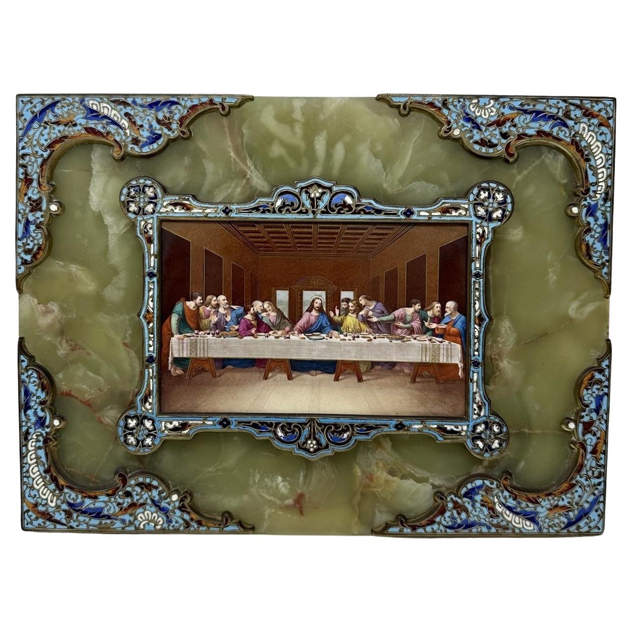 Antique Religious Grand Tour Plaque Last Supper Painting Alabaster Champleve 