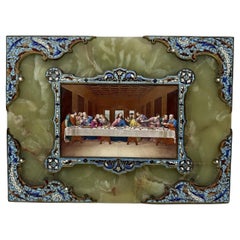 Vintage Religious Grand Tour Plaque Last Supper Painting Alabaster Champleve 