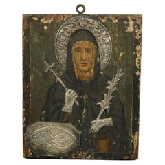 Antique Religious Hand Painted Icon on Board with Silver Embellishments 19th C