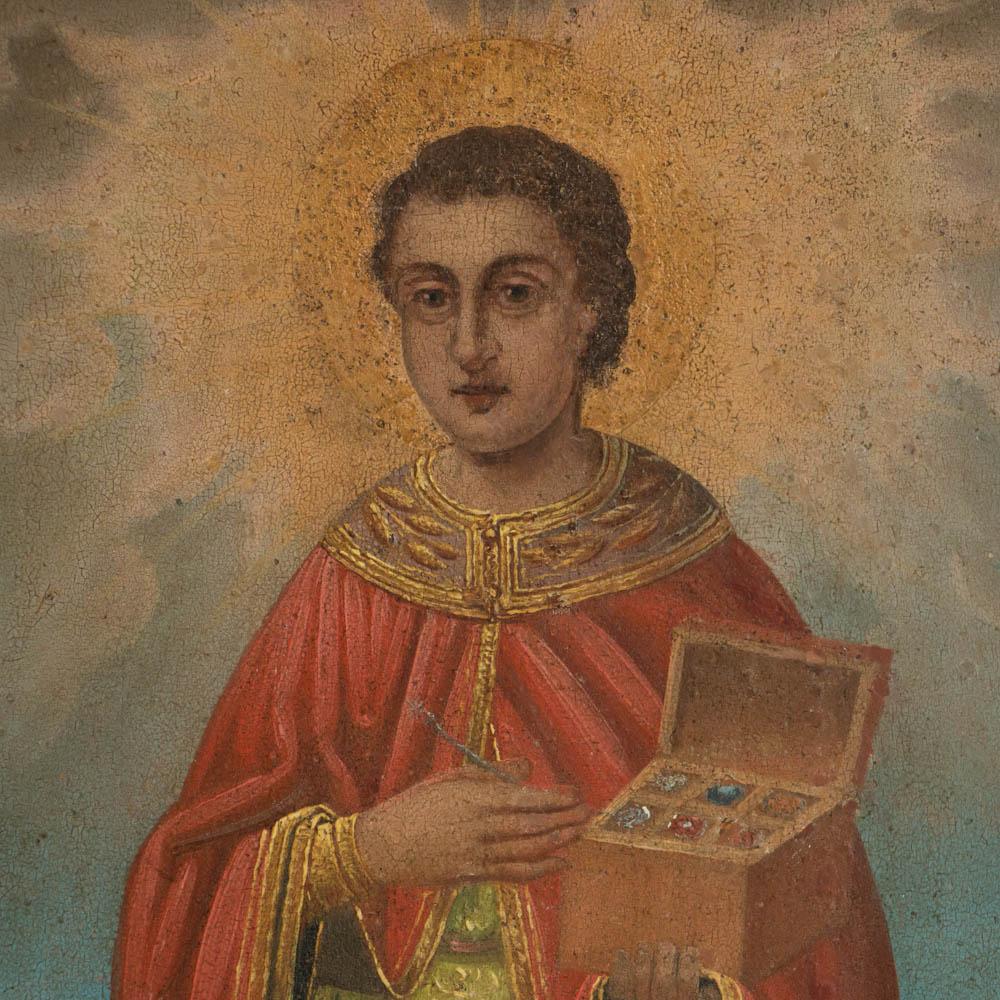 Peinture religieuse ancienne d'icône de Saint Martin sur panneau Bon état - En vente à Round Top, TX