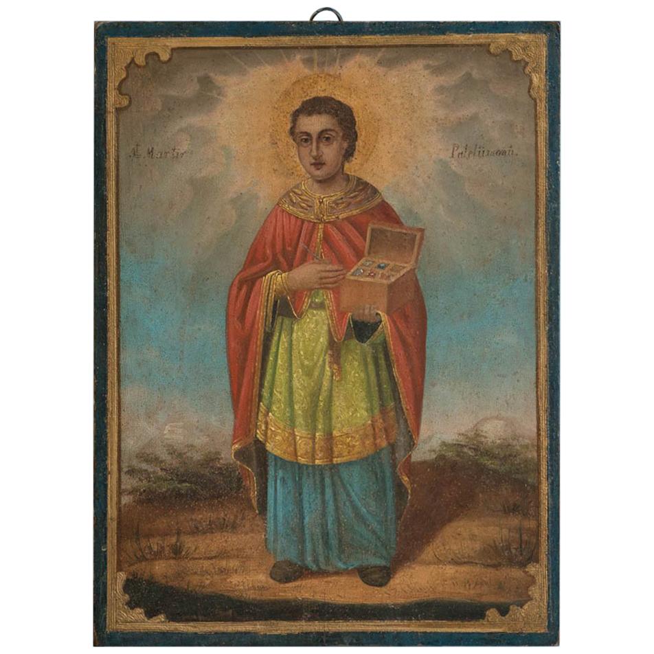 Antique Religious Icon Painting of Saint Martin on Board