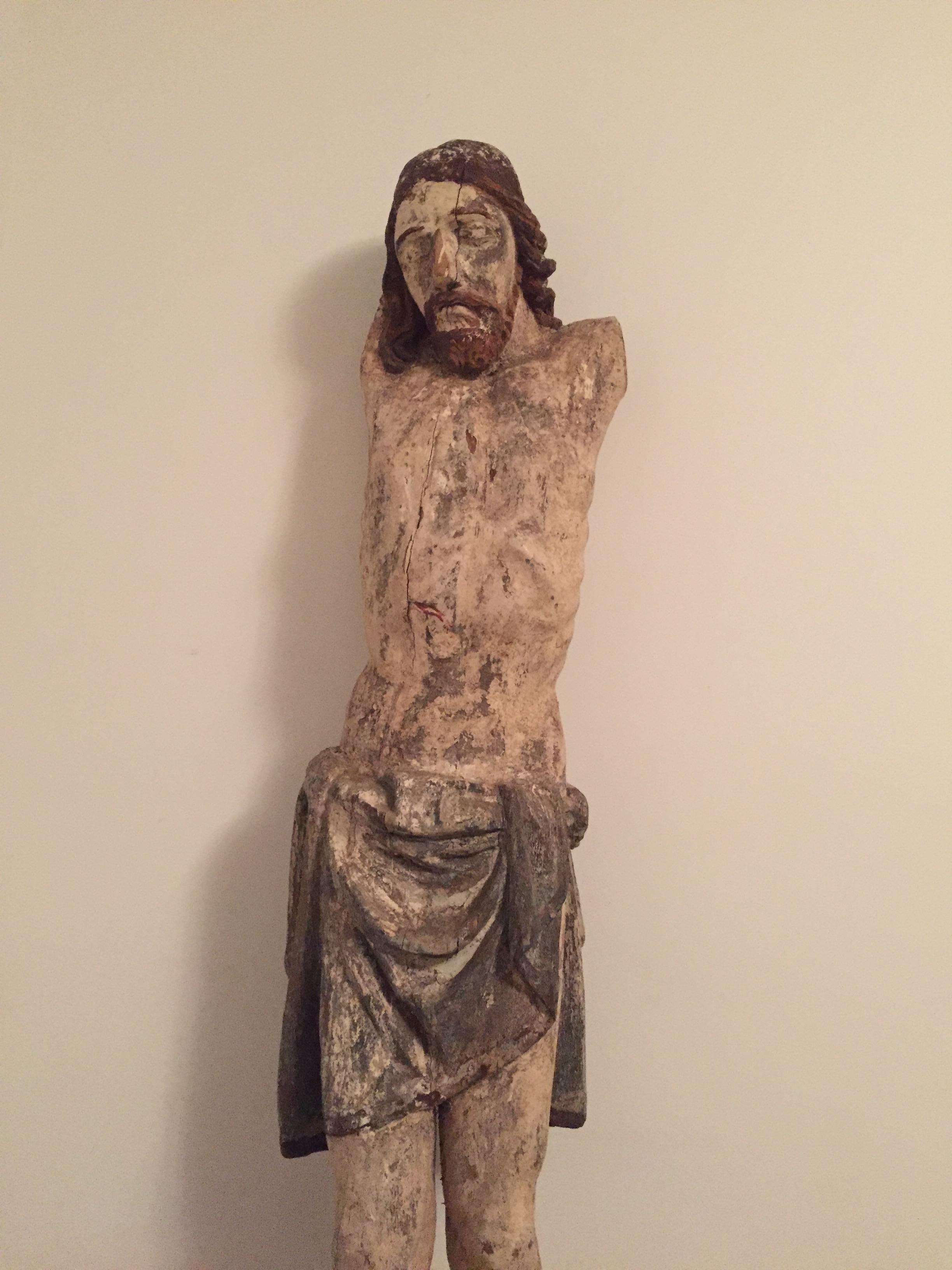 Impressive religious rustic naive Folk Art handcarved wood Jesus Christ Crucifixion sculpture, early 19 th century European, unique., as is. Age damage gives more beauty and character to this rare piece.