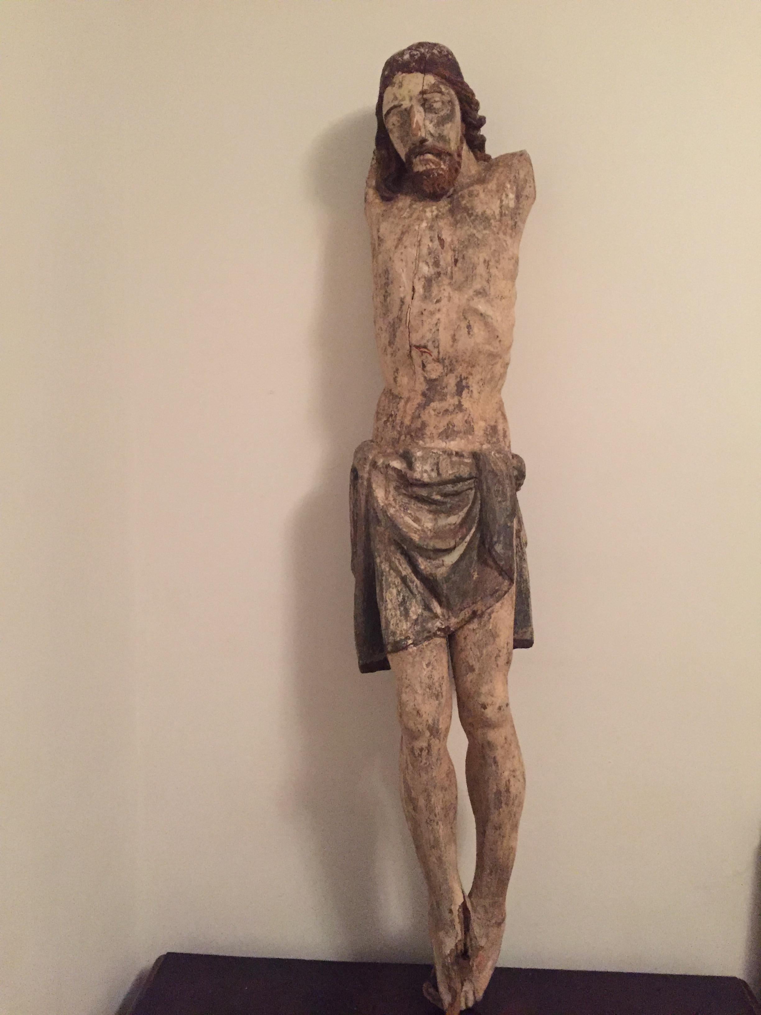 Hardwood Antique Religious Folk Art Crucifixion Sculpture  For Sale