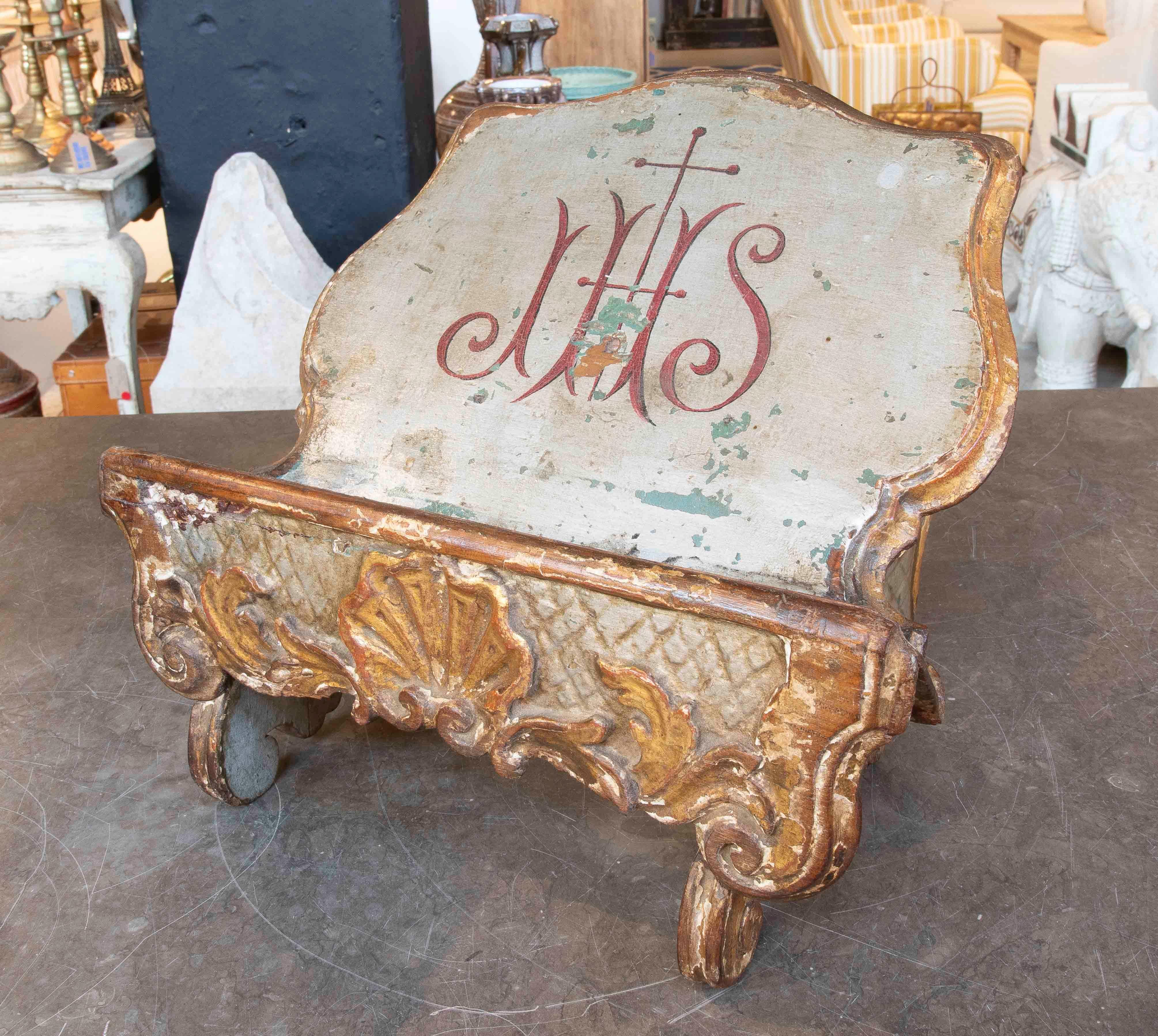 Spanish Antique Religious Lectern with IHS Monogram – Baroque Carving in Polychrome Wood For Sale