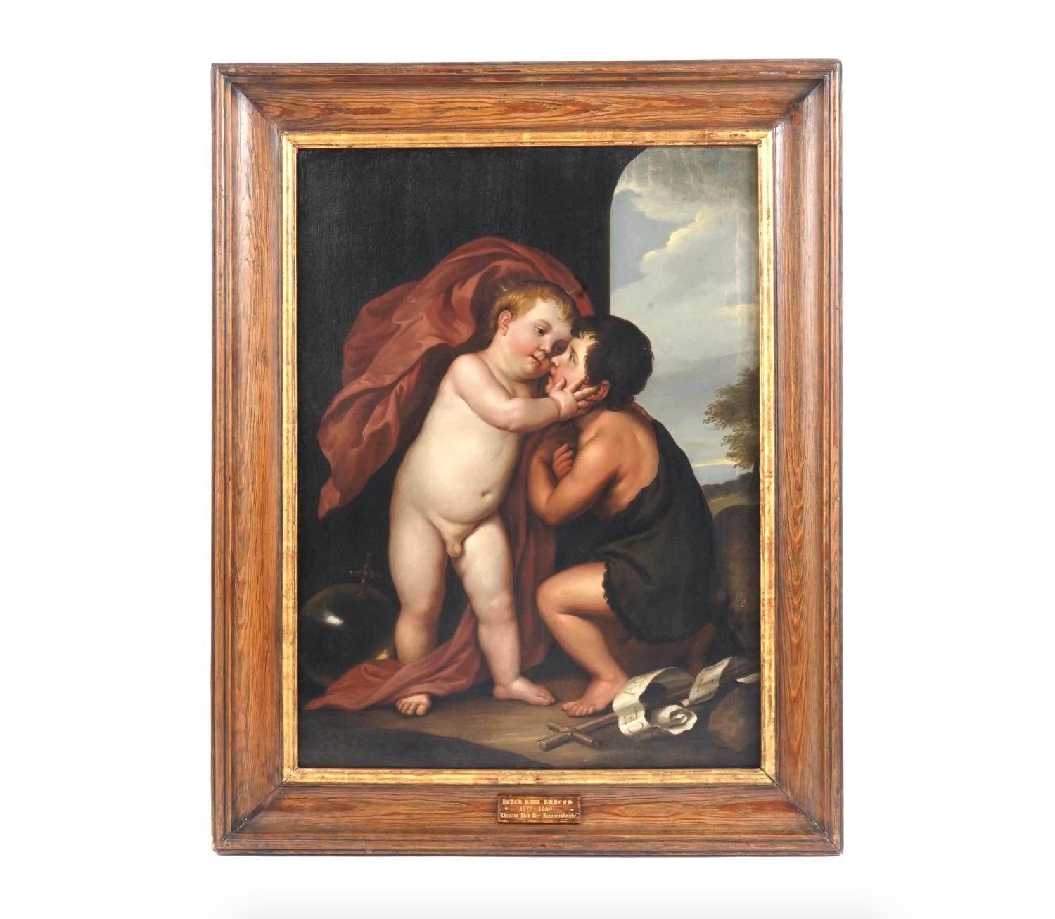 Oil on canvas painting. An antique 19th-century copy of a 1639 artwork titled The Infant Christ and St John the Baptist by Anthony Van Dyck, 1599 to 1641, a Flemish Baroque artist. It depicts the infant John the Baptist greeting his cousin Jesus