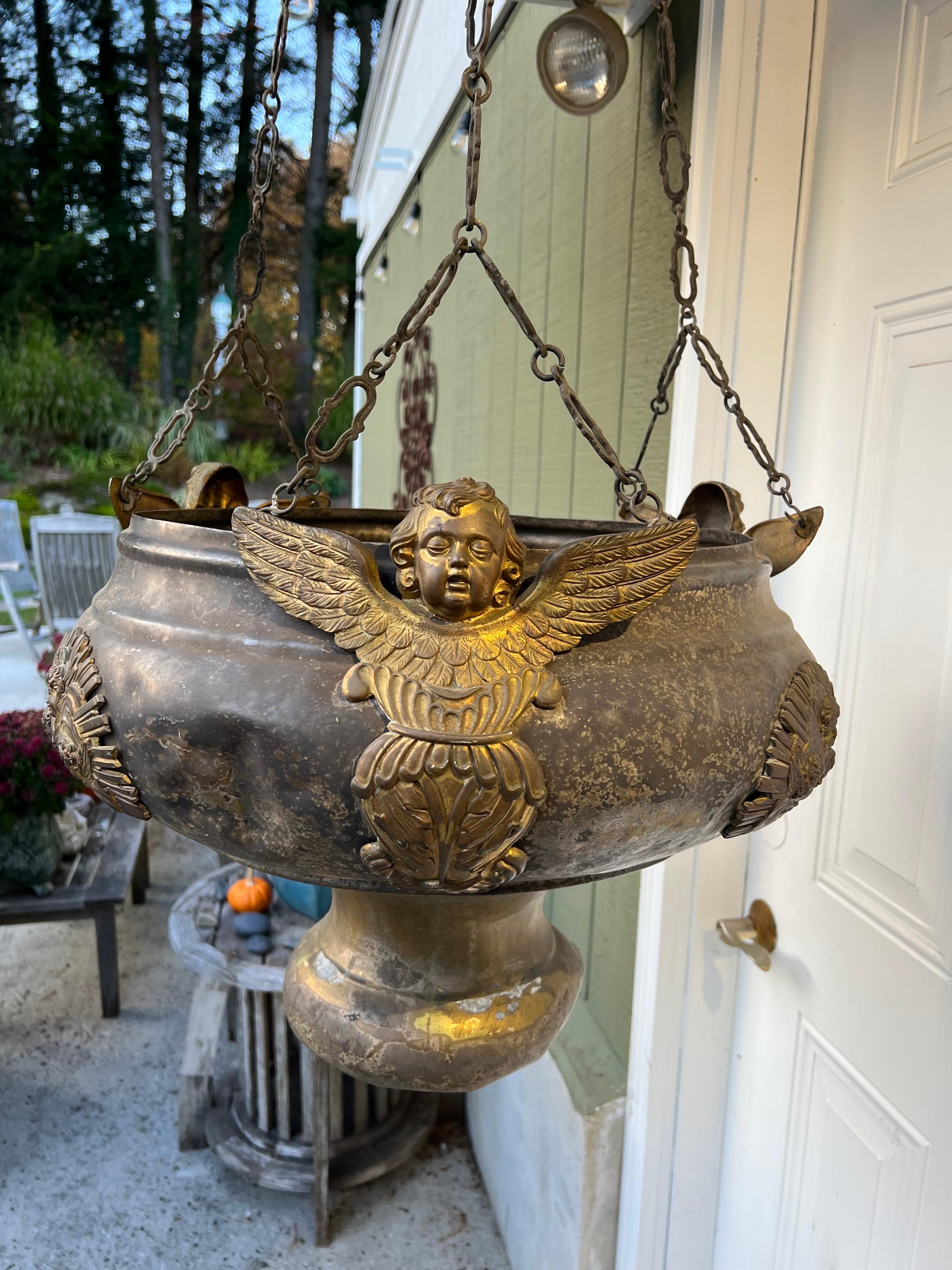 Antique Religious Thurible/Censor/Font/  Planter or Chandelier In Fair Condition For Sale In Redding, CT